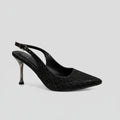 Lady Godiva Women's Black & Silver Glitter Slingback Stiletto Heels — Pointed Toe