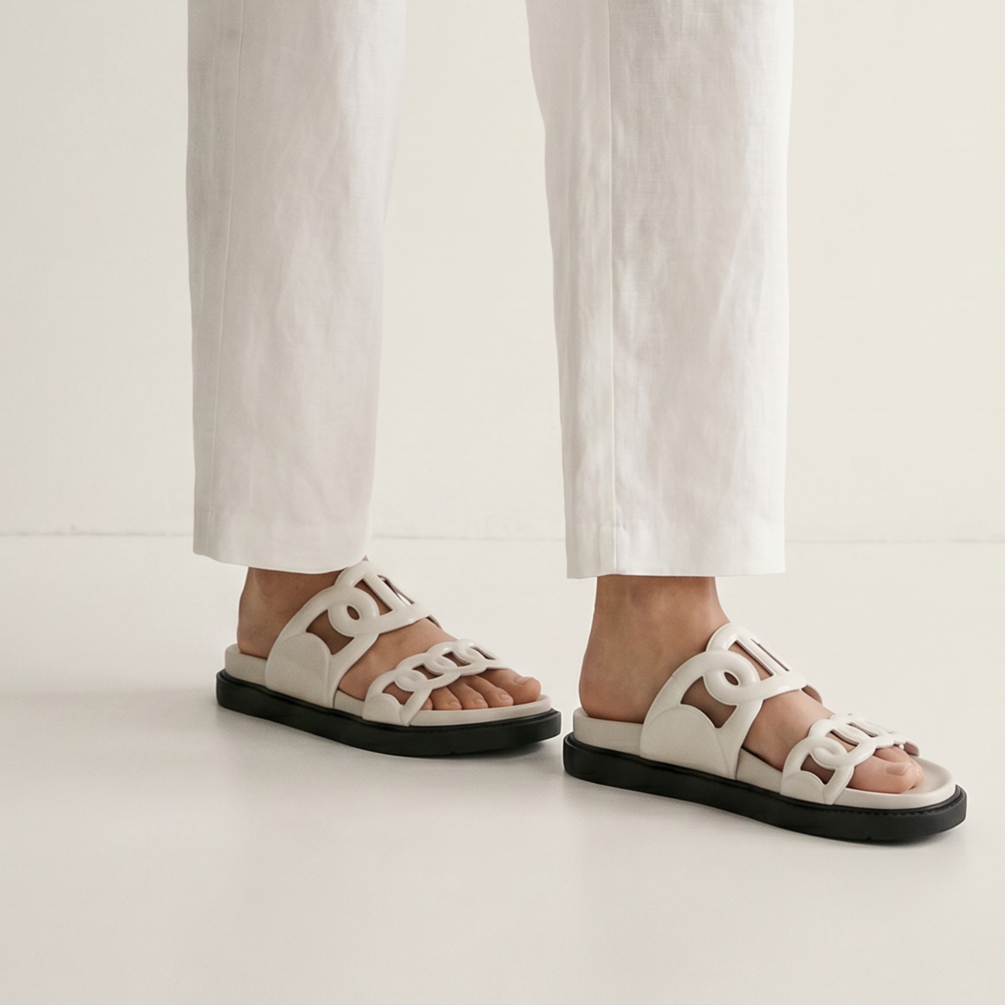 Rasolli Women's Luxury Chain Slide Sandals — Black & Ivory | Sizes 6–10