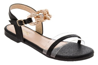 Rasolli Women's Black & Gold Chain Flat Sandal — Clear Strap Ankle Buckle