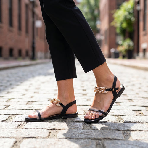 Rasolli Women's Black & Gold Chain Flat Sandal — Clear Strap Ankle Buckle